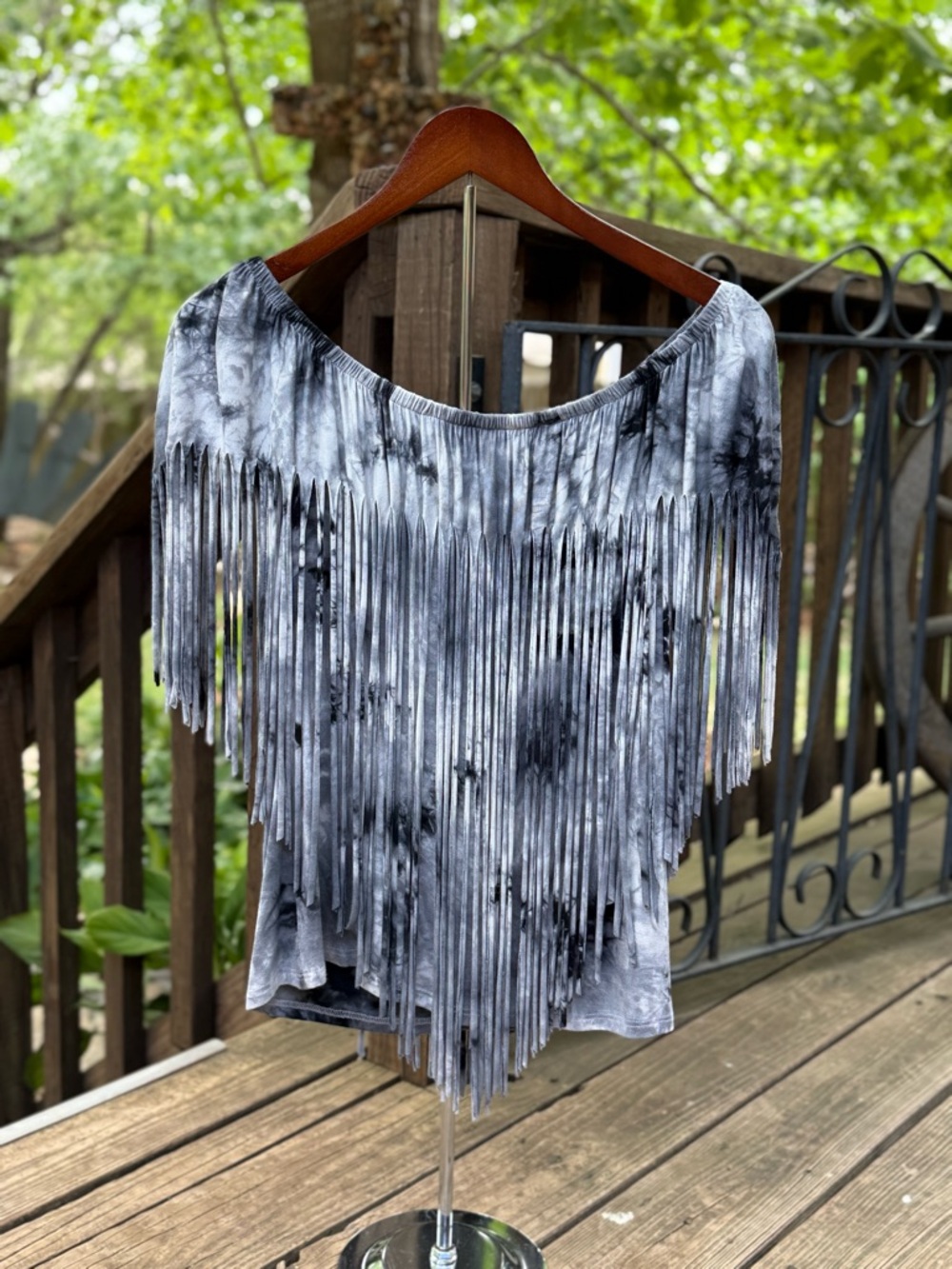 Boston Proper Gray Smocked Tie-Dye Top with Fringe - Picture 2 of 9